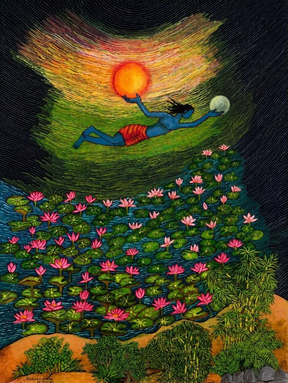 The Creator, Sun and Moon — original watercolour painting