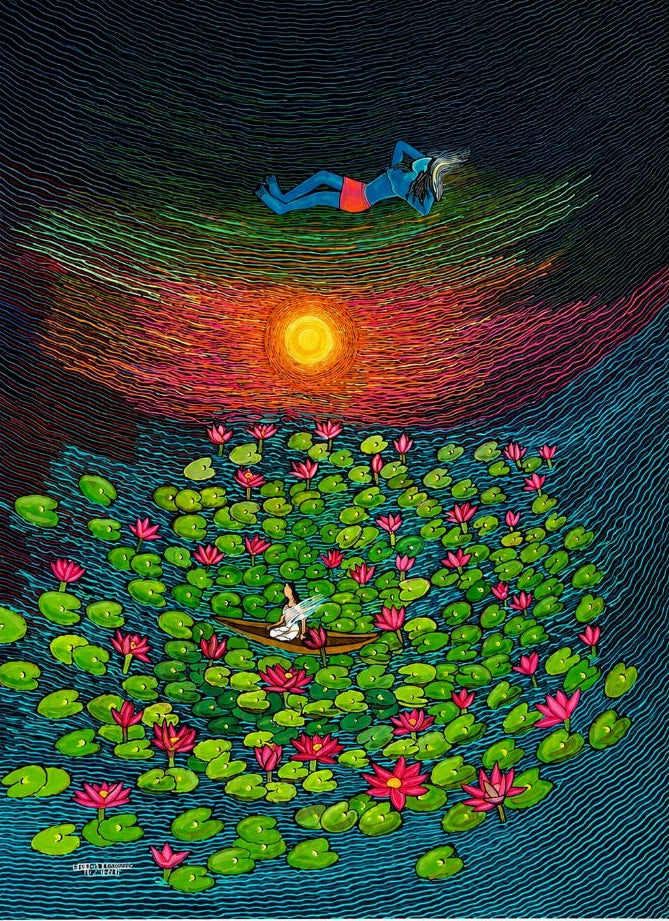 Diving into the Sun — original watercolour painting