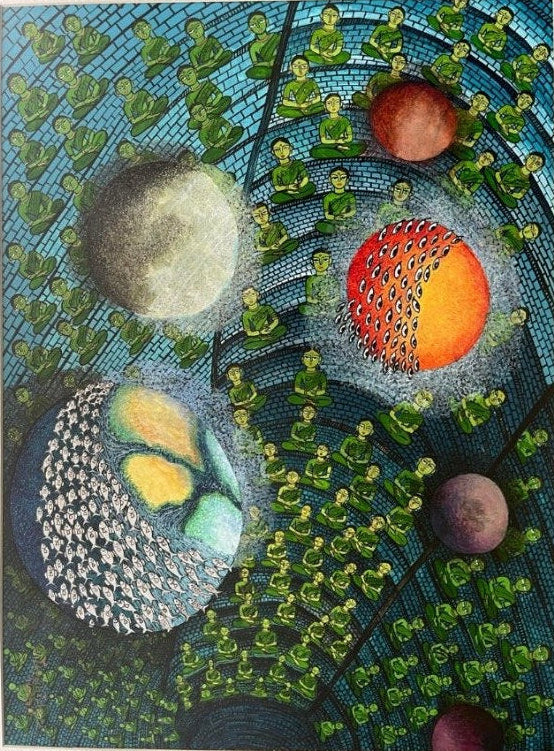 Spheres in the Green Field — original watercolour painting